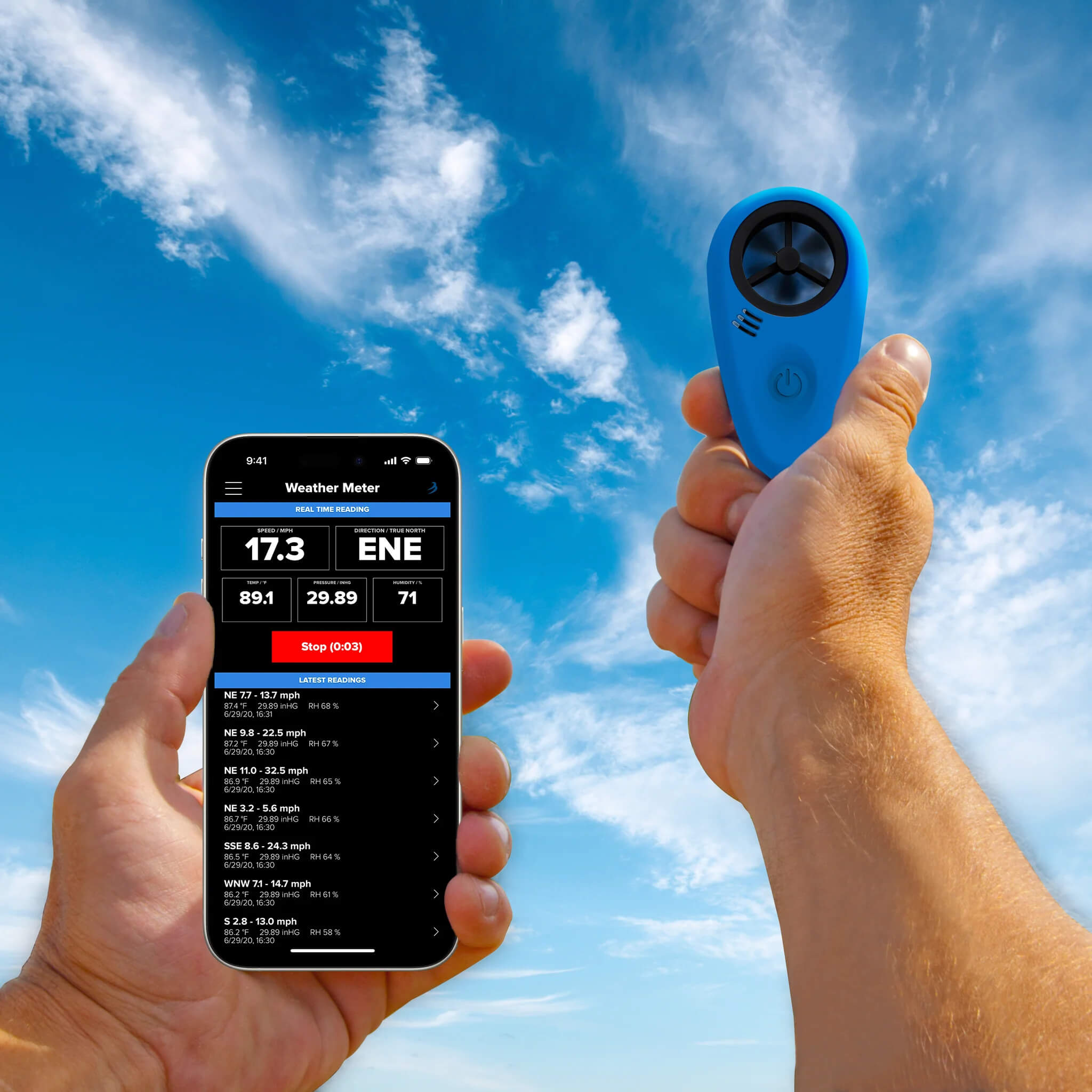 the Tempest WEATHERmeter being held up while giving wind readings to a phone